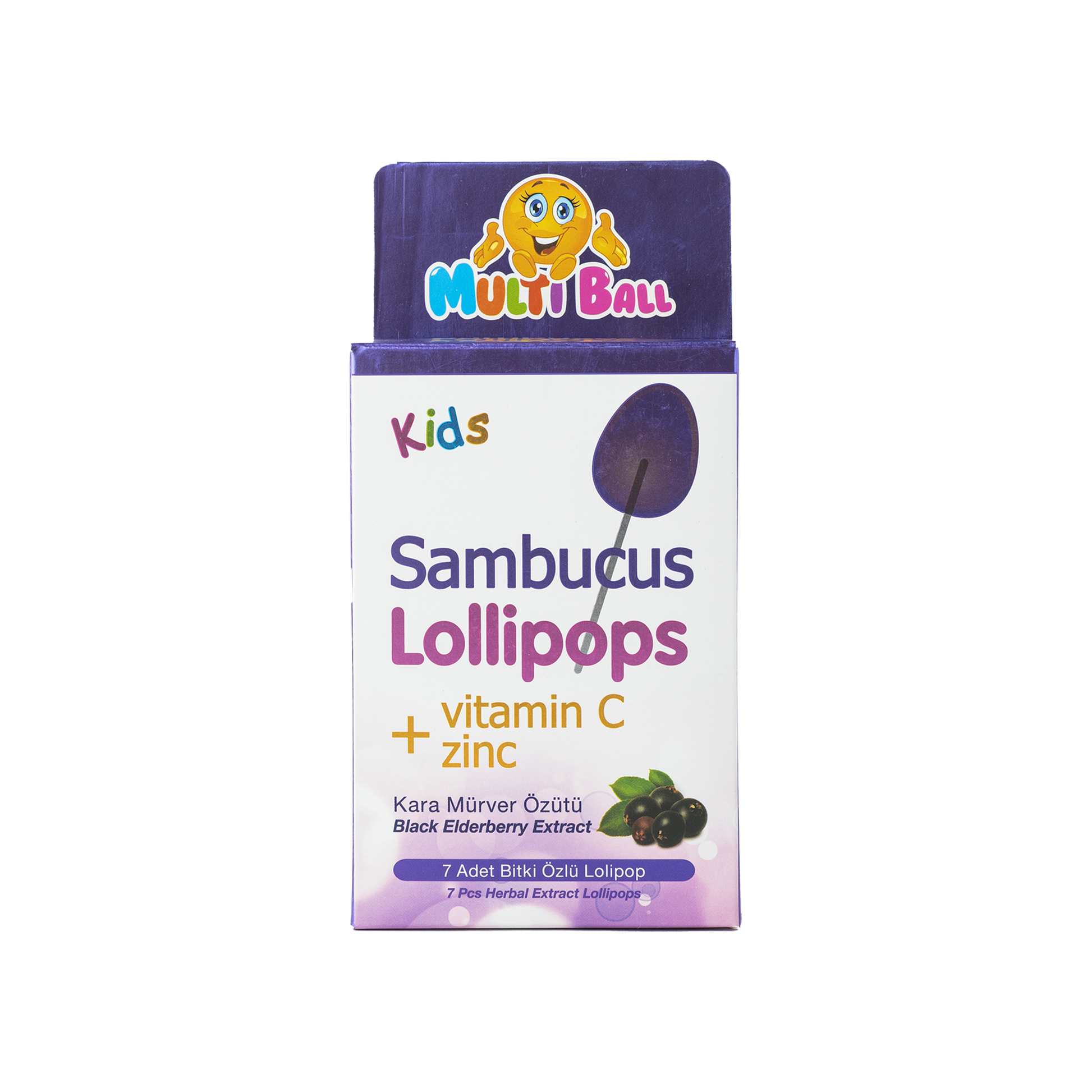 Multiball Sambucus Zinc + C Lollipops 7 Pcs Black Elderberry Flavored