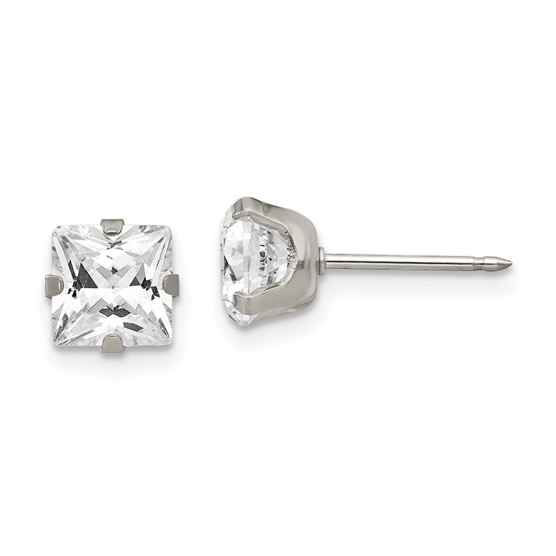 Inverness 355E Stainless Steel Square CZ Earrings 7mm